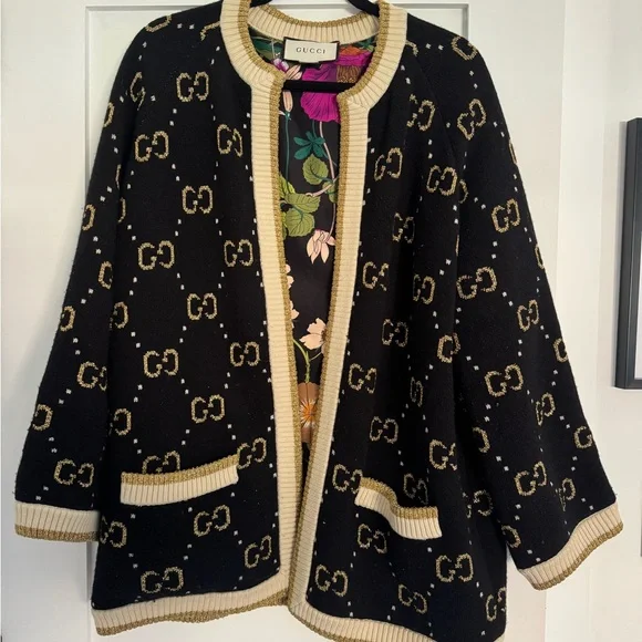 Gucci Black & Cream GG Logo Knit Open-Front Jacket - Picture 1 of 10